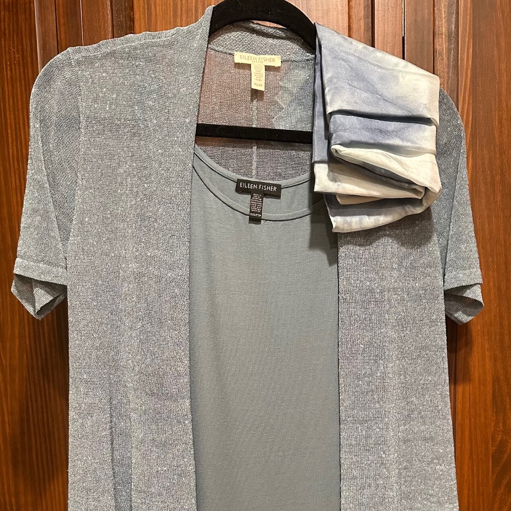 Eileen Fisher Cardigan, tank and scarf, blue
